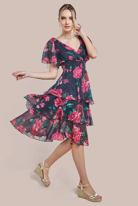 "A - line dresses for women to flatter the figure"Goddiva Layered Floral Midi Flutter Sleeves - Blackfloral "A - line dresses for women to flatter the figure"Goddiva Layered Floral Midi Flutter Sleeves - Blackfloral