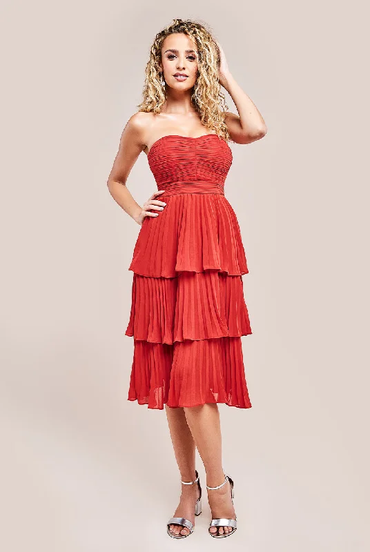 "Limited - Time Offer: Up to 50% Off on Women's Dresses!"Goddiva Pleated Bandeau Bodice Chiffon Tiered Midi - Orange "Limited - Time Offer: Up to 50% Off on Women's Dresses!"Goddiva Pleated Bandeau Bodice Chiffon Tiered Midi - Orange