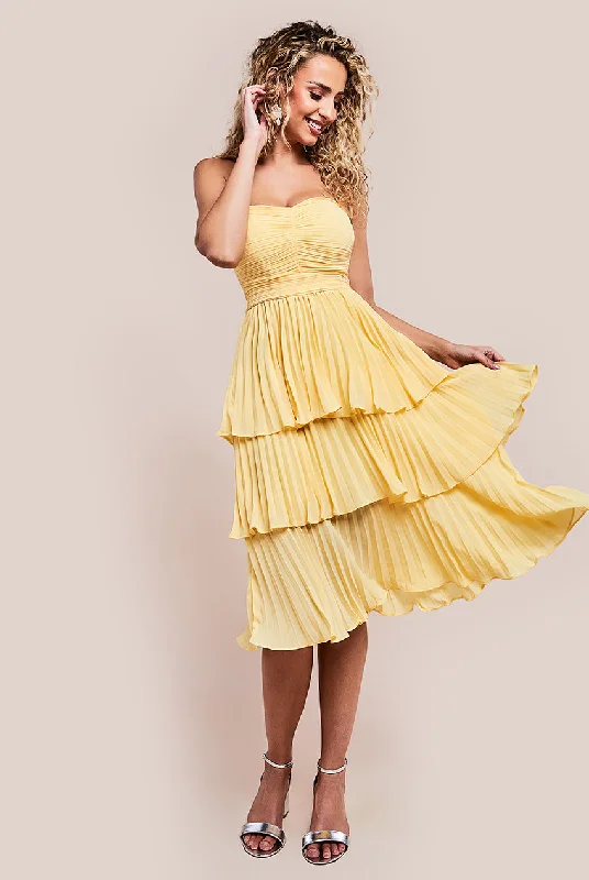 "Satin dresses for women for a luxurious appearance"Goddiva Pleated Bandeau Bodice Chiffon Tiered Midi - Yellow "Satin dresses for women for a luxurious appearance"Goddiva Pleated Bandeau Bodice Chiffon Tiered Midi - Yellow