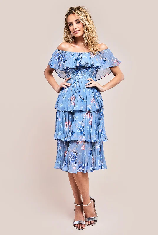 "Buy One, Get One 50% Off on Women's Dresses - Don't Miss Out!"Goddiva Pleated Bodice Chiffon Tiered Midi Dress - Blue "Buy One, Get One 50% Off on Women's Dresses - Don't Miss Out!"Goddiva Pleated Bodice Chiffon Tiered Midi Dress - Blue