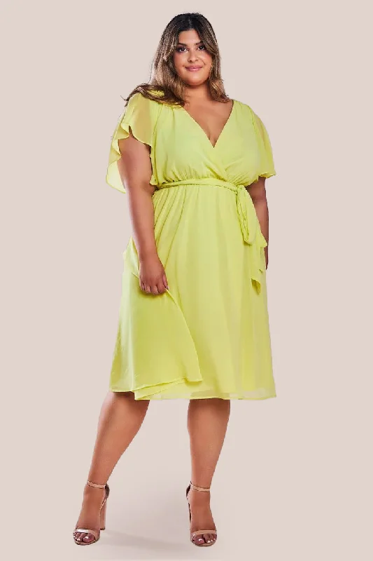 "Work - appropriate dresses for professional women"Goddiva Plus Flutter Sleeve Wrap Midi Dress - Soft Lemon "Work - appropriate dresses for professional women"Goddiva Plus Flutter Sleeve Wrap Midi Dress - Soft Lemon