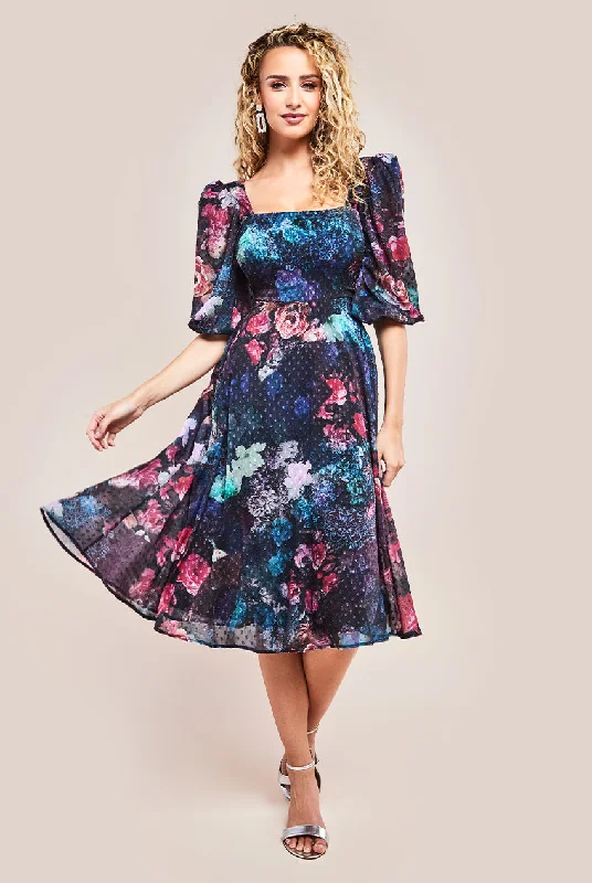 "Chiffon dresses for women with a flowy and light feel"Goddiva Puff Sleeve Shirred Back Midi Dress - Black "Chiffon dresses for women with a flowy and light feel"Goddiva Puff Sleeve Shirred Back Midi Dress - Black