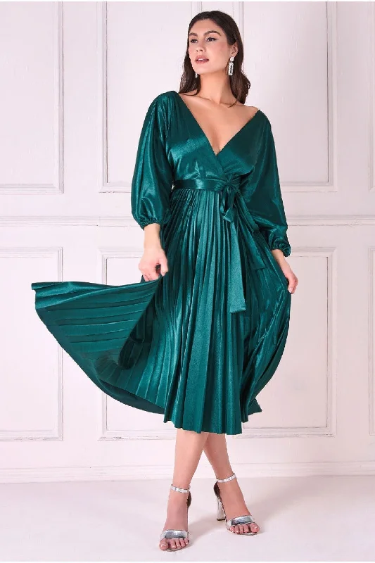 "Long sleeve dresses for women in cold weather"Goddiva Satin Pleated Skirt Wrap Midi Dress - Emerald Green "Long sleeve dresses for women in cold weather"Goddiva Satin Pleated Skirt Wrap Midi Dress - Emerald Green