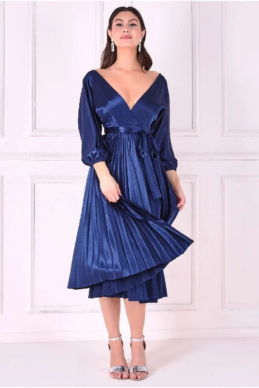 "Mother of the bride dresses for women in elegant styles"Goddiva Satin Pleated Skirt Wrap Midi Dress - Navy "Mother of the bride dresses for women in elegant styles"Goddiva Satin Pleated Skirt Wrap Midi Dress - Navy