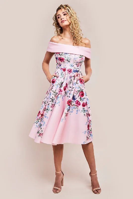 "Wrap dresses for women for an adjustable fit"Goddiva Scuba Foam Floral Bardot Midi Dress - Blush "Wrap dresses for women for an adjustable fit"Goddiva Scuba Foam Floral Bardot Midi Dress - Blush