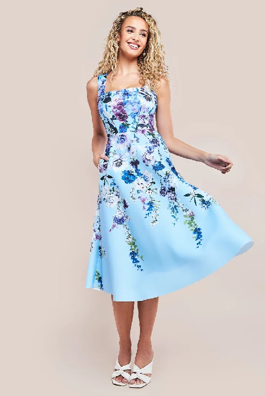 "Animal print dresses for women who love bold styles"Goddiva Scuba Foam Floral Midi Dress - Blue "Animal print dresses for women who love bold styles"Goddiva Scuba Foam Floral Midi Dress - Blue