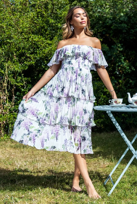 "Elegant wedding guest dresses for women under $100"Goddiva Shirred Chiffon Floral Bardot Midi Dress - Multi "Elegant wedding guest dresses for women under $100"Goddiva Shirred Chiffon Floral Bardot Midi Dress - Multi