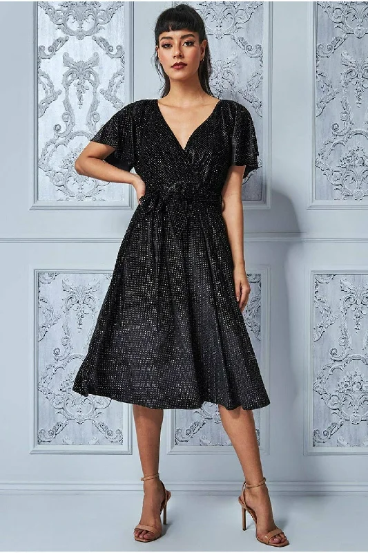 "Striped dresses for women with a classic touch"Goddiva Sparkle Wrap Style Flutter Sleeve Midi Dress - Black "Striped dresses for women with a classic touch"Goddiva Sparkle Wrap Style Flutter Sleeve Midi Dress - Black