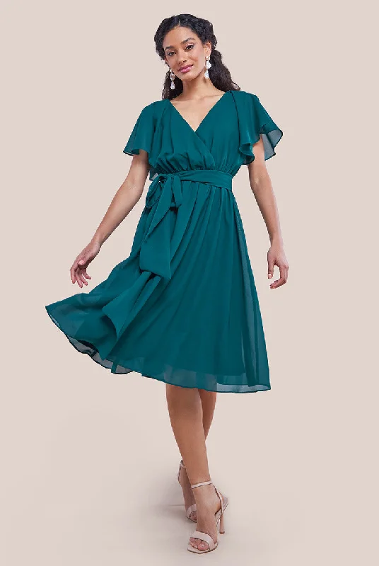 "Homecoming dresses for women to stand out"Goddiva Sustainable Flutter Sleeve Chiffon Wrap Midi Dress - Green "Homecoming dresses for women to stand out"Goddiva Sustainable Flutter Sleeve Chiffon Wrap Midi Dress - Green
