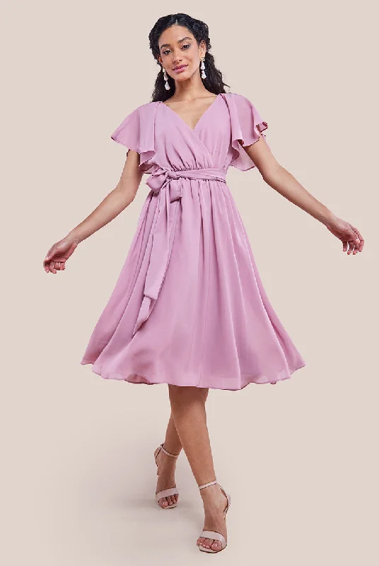 "T - shirt dresses for women for ultimate comfort"Goddiva Sustainable Flutter Sleeve Chiffon Wrap Midi Dress - Lavender "T - shirt dresses for women for ultimate comfort"Goddiva Sustainable Flutter Sleeve Chiffon Wrap Midi Dress - Lavender