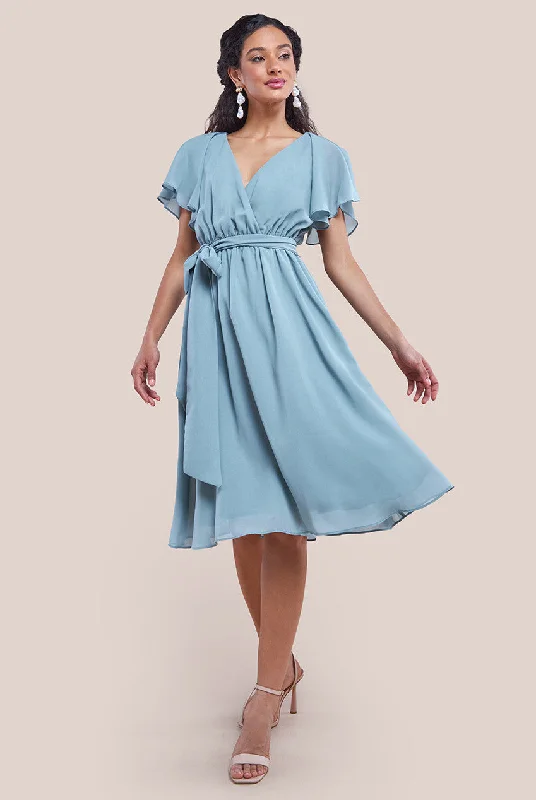 "Mother of the groom dresses for women in sophisticated designs"Goddiva Sustainable Flutter Sleeve Chiffon Wrap Midi Dress - Sage Green "Mother of the groom dresses for women in sophisticated designs"Goddiva Sustainable Flutter Sleeve Chiffon Wrap Midi Dress - Sage Green