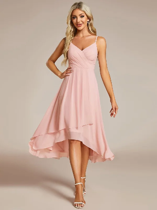"Floral print dresses for women for a feminine look"High-Low V-Neck Pleated Spaghetti Strap Wedding Guest Dress in Chiffon "Floral print dresses for women for a feminine look"High-Low V-Neck Pleated Spaghetti Strap Wedding Guest Dress in Chiffon