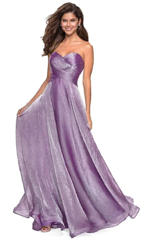"Denim dresses for women for a casual and cool style"La Femme - 27515 Strapless Sweetheart Metallic Chiffon Prom Dress "Denim dresses for women for a casual and cool style"La Femme - 27515 Strapless Sweetheart Metallic Chiffon Prom Dress