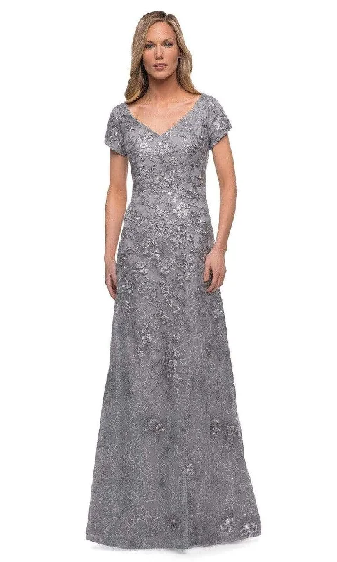 "Polka dot dresses for women with a retro vibe"La Femme - 29291 V Neck Embroidered Modest Dress "Polka dot dresses for women with a retro vibe"La Femme - 29291 V Neck Embroidered Modest Dress