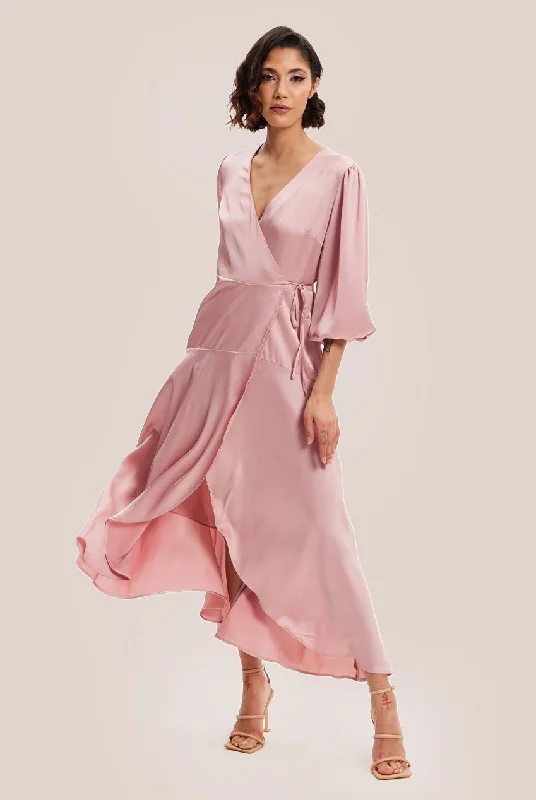 "Denim dresses for women for a casual and cool style"Liquorish Pink Midi Wrap Dress With Short Puff Sleeves "Denim dresses for women for a casual and cool style"Liquorish Pink Midi Wrap Dress With Short Puff Sleeves