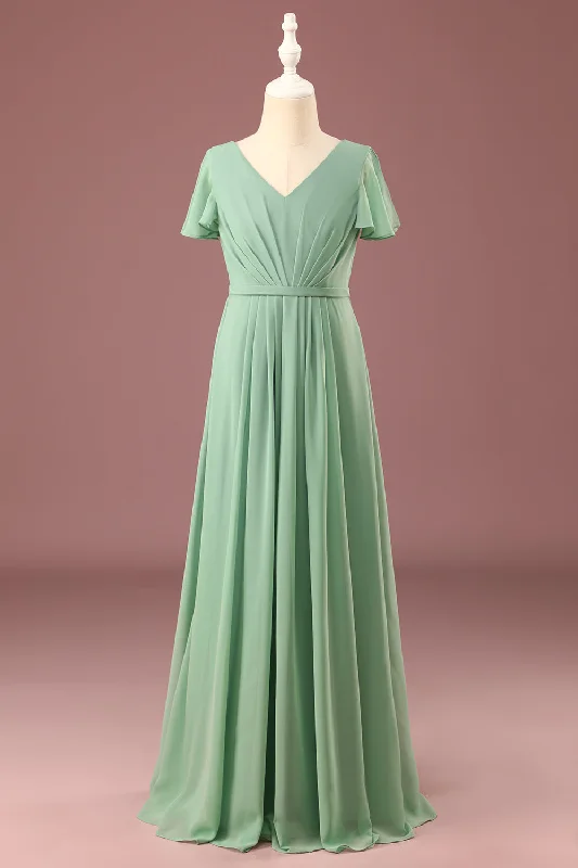 "Shirt dresses for women for a smart - casual style"Long Matcha A-line Chiffon V-neck Short Sleeves Junior Bridesmaid Dress "Shirt dresses for women for a smart - casual style"Long Matcha A-line Chiffon V-neck Short Sleeves Junior Bridesmaid Dress