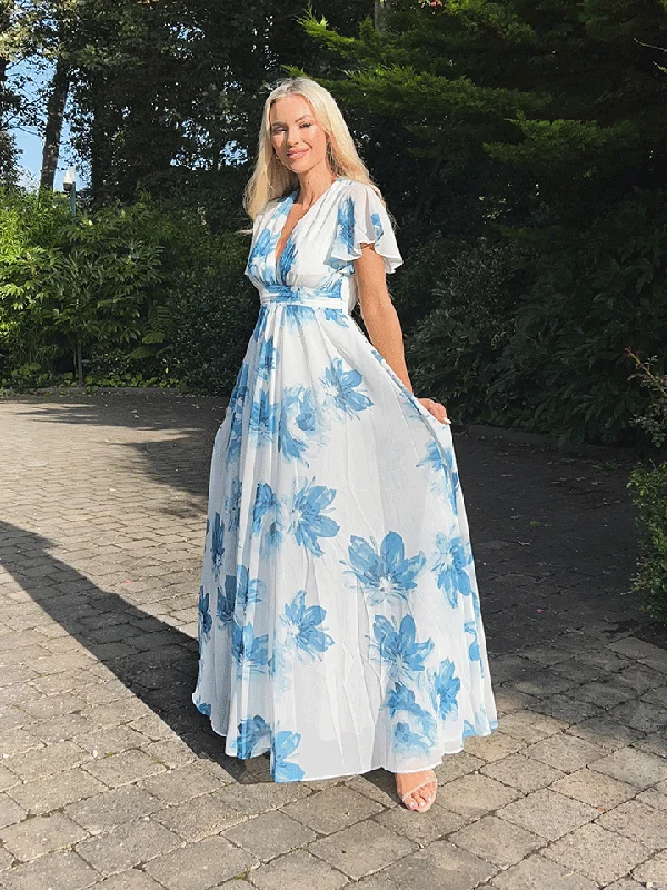 "Long sleeve dresses for women in cold weather"Vicky Maxi Floral Dress - White and Blue "Long sleeve dresses for women in cold weather"Vicky Maxi Floral Dress - White and Blue