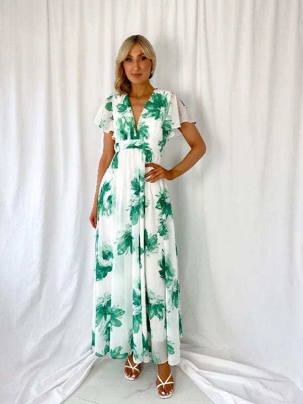 "Trendy casual dresses for women to wear at the beach"Vicky Maxi Floral Dress - White and Green "Trendy casual dresses for women to wear at the beach"Vicky Maxi Floral Dress - White and Green