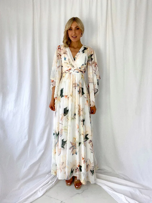 "Bohemian - style women's dresses for music festivals"Natalia  Maxi Floral Dress with Bell Sleeves - White