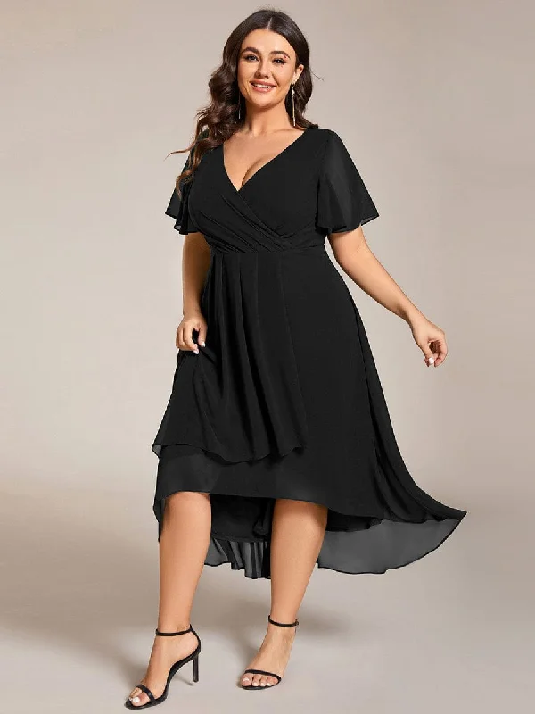 "Comfortable maternity dresses for pregnant women"Plus Size Chiffon Short Sleeves Pleated V-Neck A-Line Midi Wedding Guest Dress "Comfortable maternity dresses for pregnant women"Plus Size Chiffon Short Sleeves Pleated V-Neck A-Line Midi Wedding Guest Dress