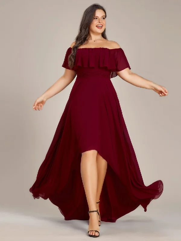 "Long sleeve dresses for women in cold weather"Plus Size Flowy Chiffon High-Low Off The Shoulder Bridesmaid Dress "Long sleeve dresses for women in cold weather"Plus Size Flowy Chiffon High-Low Off The Shoulder Bridesmaid Dress