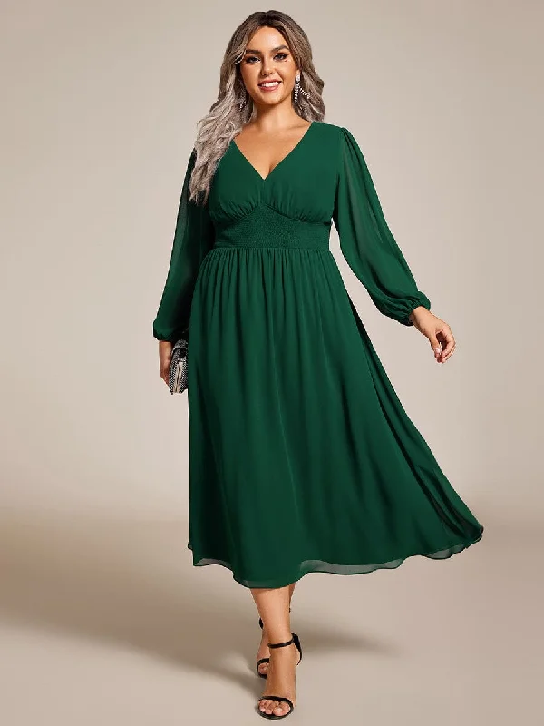 "New Arrivals Discount: 20% Off on Latest Women's Dress Collections"Plus Size Flowy Long Sleeves V-Neck Midi Chiffon Wedding Guest Dress "New Arrivals Discount: 20% Off on Latest Women's Dress Collections"Plus Size Flowy Long Sleeves V-Neck Midi Chiffon Wedding Guest Dress