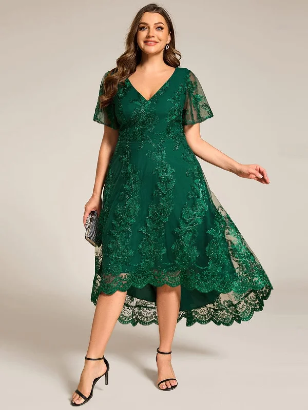 "Black tie dresses for women for formal galas"Plus Size Short Sleeves Embroidered Mesh A-Line V-Neck Midi Wedding Guest Dress "Black tie dresses for women for formal galas"Plus Size Short Sleeves Embroidered Mesh A-Line V-Neck Midi Wedding Guest Dress