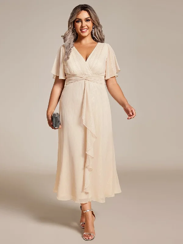 "Stylish cocktail dresses for women on a budget"Plus Size Silver Metallic Fabric V-Neck A-Line Wedding Guest Dress featuring Delicate Ruffled Hem "Stylish cocktail dresses for women on a budget"Plus Size Silver Metallic Fabric V-Neck A-Line Wedding Guest Dress featuring Delicate Ruffled Hem