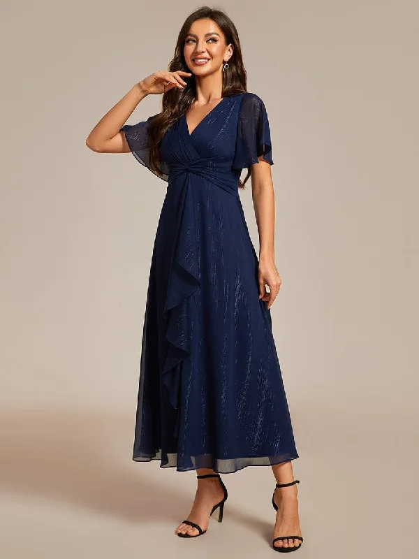 "Sequined dresses for women to shine at parties"Silver Metallic Fabric V-Neck A-Line Wedding Guest Dress featuring Delicate Ruffled Hem "Sequined dresses for women to shine at parties"Silver Metallic Fabric V-Neck A-Line Wedding Guest Dress featuring Delicate Ruffled Hem
