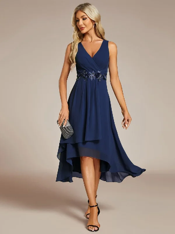 "Trendy casual dresses for women to wear at the beach"Sleeveless V-Neck High Low Wedding Guest Dress with Floral Applique "Trendy casual dresses for women to wear at the beach"Sleeveless V-Neck High Low Wedding Guest Dress with Floral Applique