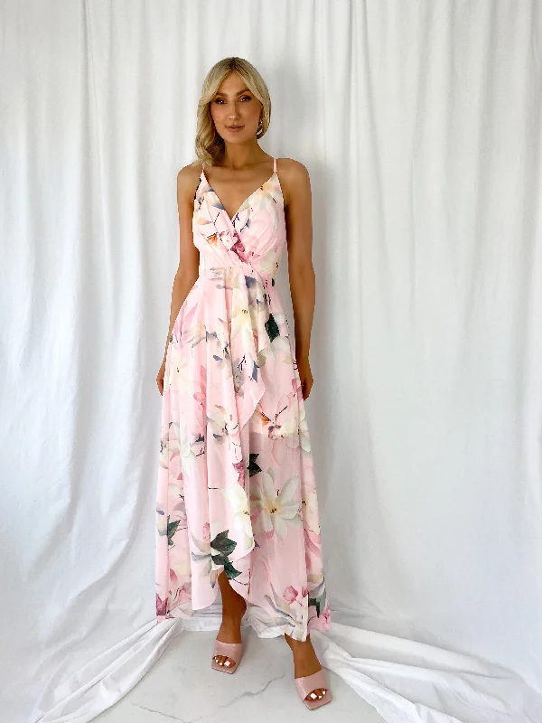 "Satin dresses for women for a luxurious appearance"Daisy Floral Maxi Dress - Pink "Satin dresses for women for a luxurious appearance"Daisy Floral Maxi Dress - Pink