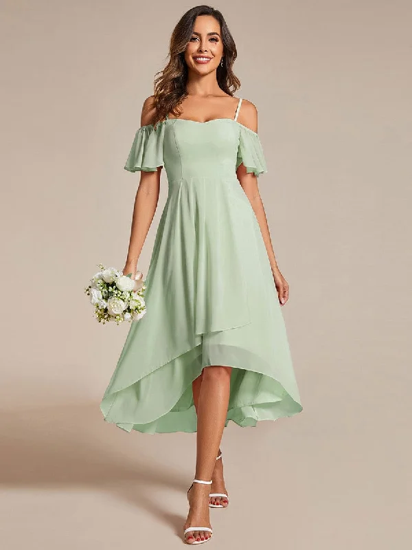 "Polka dot dresses for women with a retro vibe"Spaghetti Strap Cold Shoulder Chiffon A-Line Midi Wedding Guest Dress "Polka dot dresses for women with a retro vibe"Spaghetti Strap Cold Shoulder Chiffon A-Line Midi Wedding Guest Dress