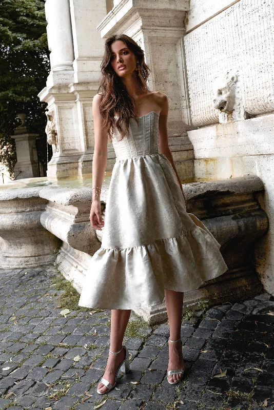 "Beach wedding dresses for women for a laid - back ceremony"The Virginia Dress in Taupe Windsor Brocade - FINAL SALE "Beach wedding dresses for women for a laid - back ceremony"The Virginia Dress in Taupe Windsor Brocade - FINAL SALE