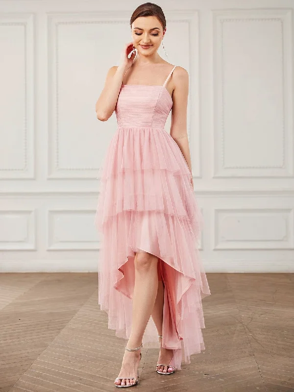 "A - line dresses for women to flatter the figure"Tulle Spaghetti Strap Ruffled High-Low Bridesmaid Dress "A - line dresses for women to flatter the figure"Tulle Spaghetti Strap Ruffled High-Low Bridesmaid Dress
