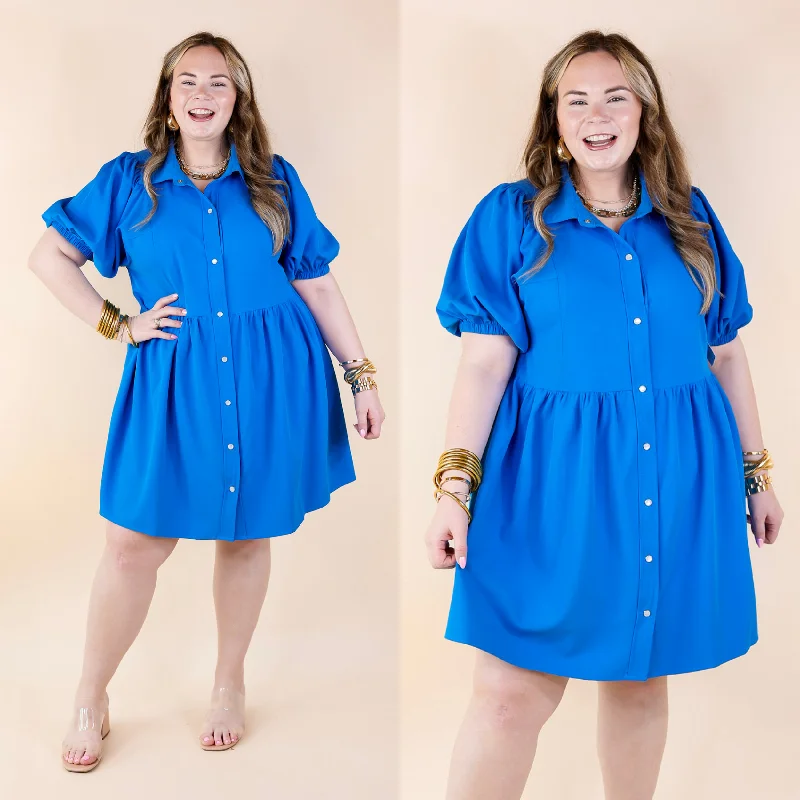 solid color mini dressesAdventures Ahead Button Up Babydoll Dress in Bright Blue