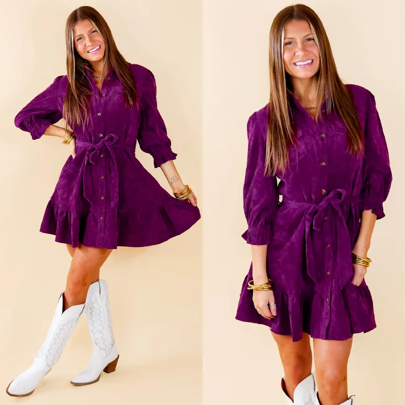 sporty mini dressesCinnamon Lane Button Up Corduroy Dress with Waist Tie in Violet Purple sporty mini dressesCinnamon Lane Button Up Corduroy Dress with Waist Tie in Violet Purple