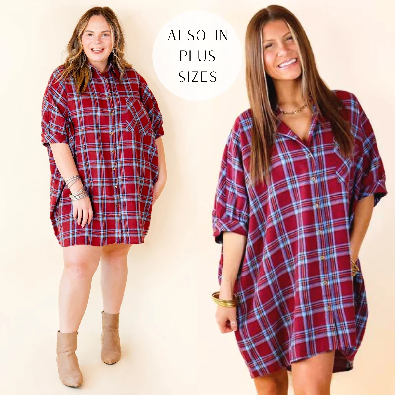office appropriate mini dressesCozy And Kind Button Up Plaid Dress in Maroon