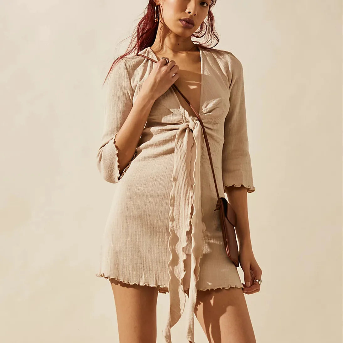 chiffon mini dressesWomen's Summer Bodycon Deep V Neck Solid Color Tie Up Mini Dress chiffon mini dressesWomen's Summer Bodycon Deep V Neck Solid Color Tie Up Mini Dress