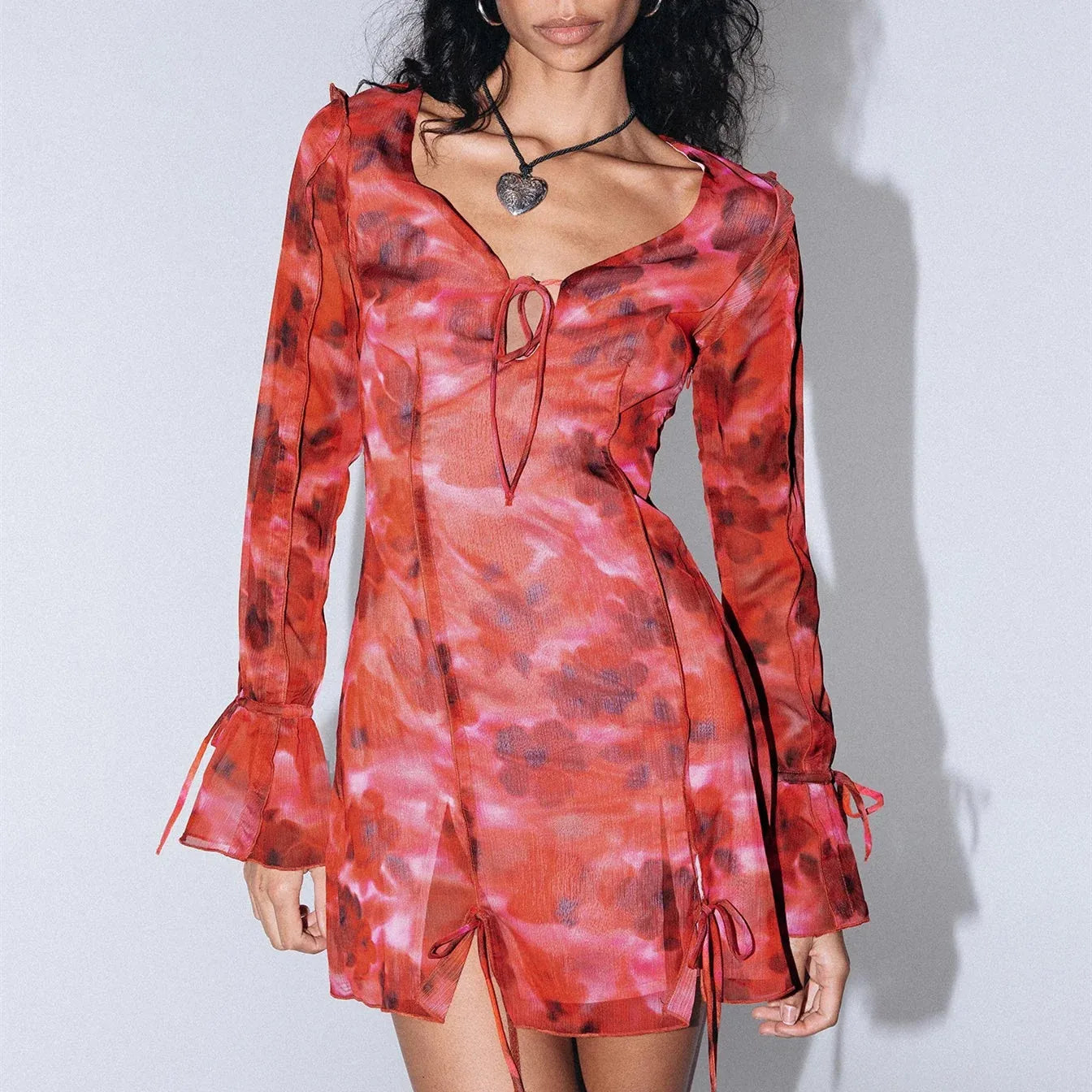 prom mini dressesFloral Print Casual Long Sleeve V Neck Tie-up Front Split Hem Club Mini Dress prom mini dressesFloral Print Casual Long Sleeve V Neck Tie-up Front Split Hem Club Mini Dress