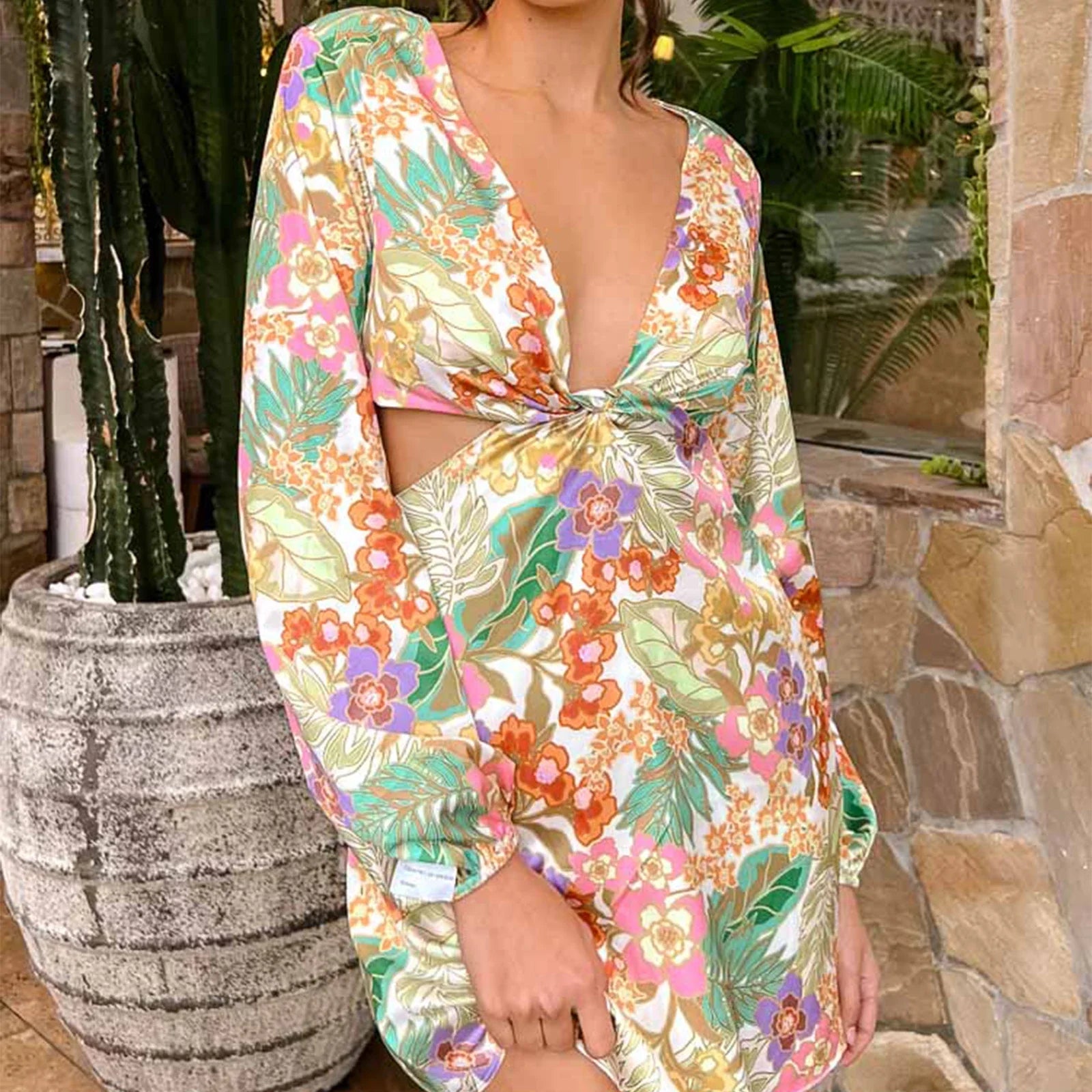 plus size mini dressesVintage Floral Print V-Neck Twist Front Long Sleeve Spring Fall Backless Mini Dress plus size mini dressesVintage Floral Print V-Neck Twist Front Long Sleeve Spring Fall Backless Mini Dress