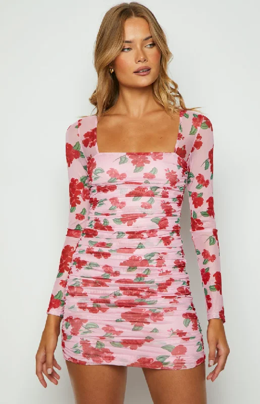 halter neck mini dressesEstee Pink Print Long Sleeve Mesh Mini Party Dress