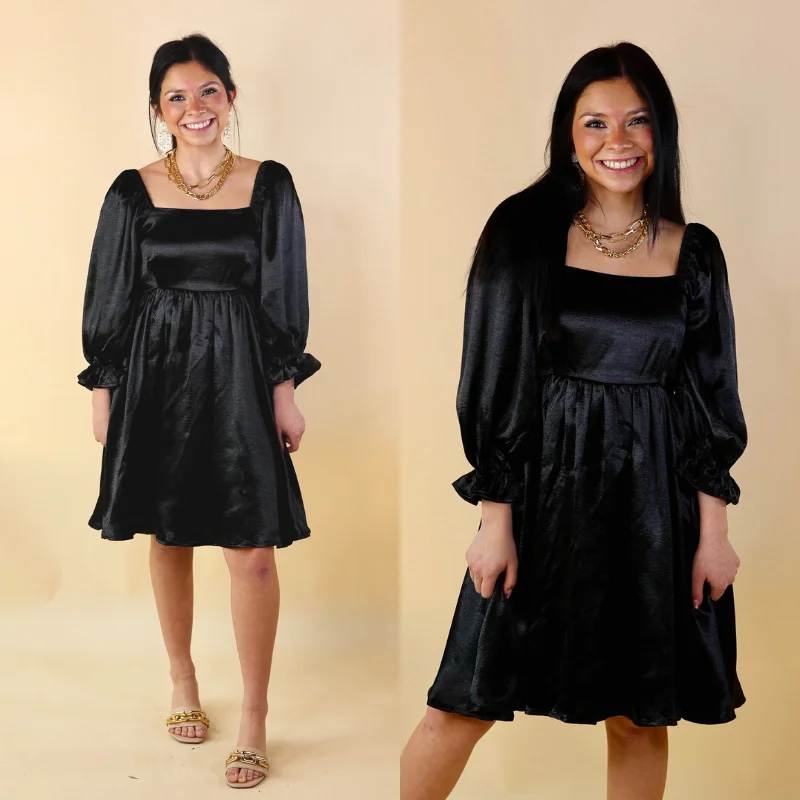 silk mini dressesFeeling Fine Satin Babydoll Dress with 3/4 Sleeves in Black