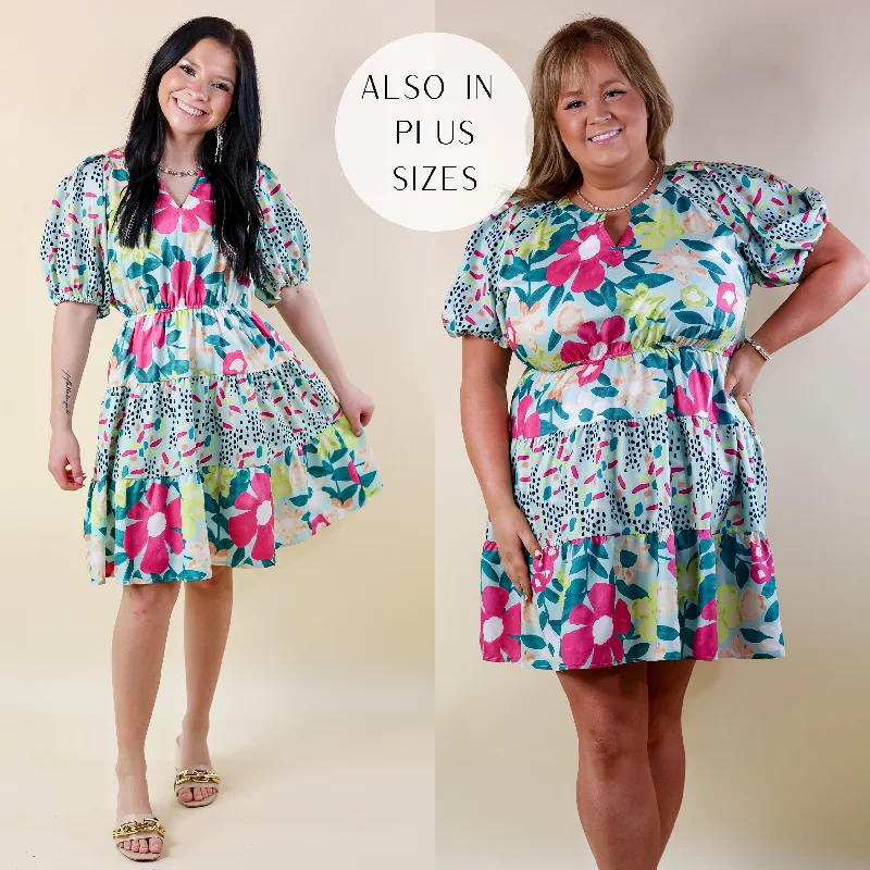 abstract print mini dressesGramercy Garden Floral Tiered Dress with Short Balloon Sleeves in Light Mint Blue Mix