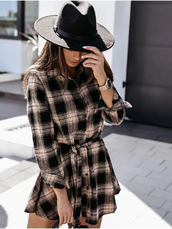 green mini dressesGranton Cotton Blend Plaid Button Down Shirt Dress
