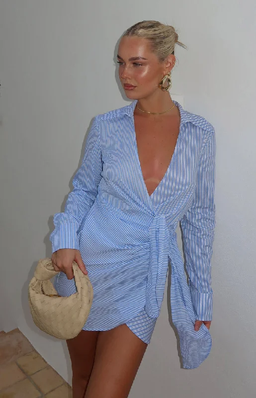 asymmetrical mini dressesHolly Blue Stripe Tie Up Shirt Mini Dress