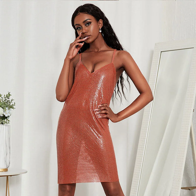 brown mini dressesV Neck Low Back Sleeveless Party Mini Dress - Brick Red