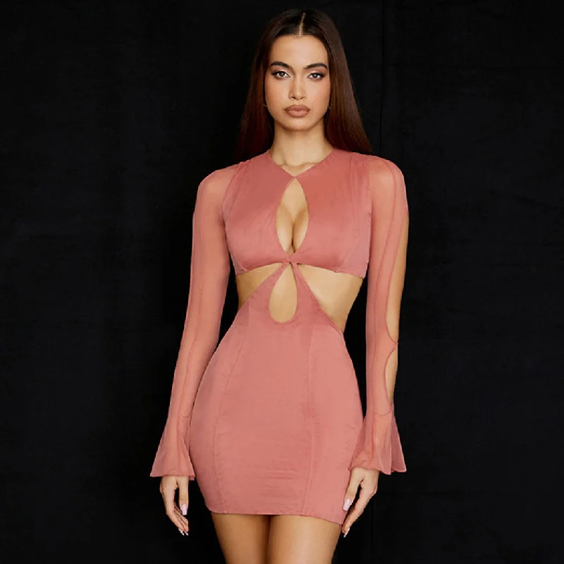 machine washable mini dressesRound Neck Long Sleeve Cut Out Bodycon Mini Dress - Coral Pink machine washable mini dressesRound Neck Long Sleeve Cut Out Bodycon Mini Dress - Coral Pink