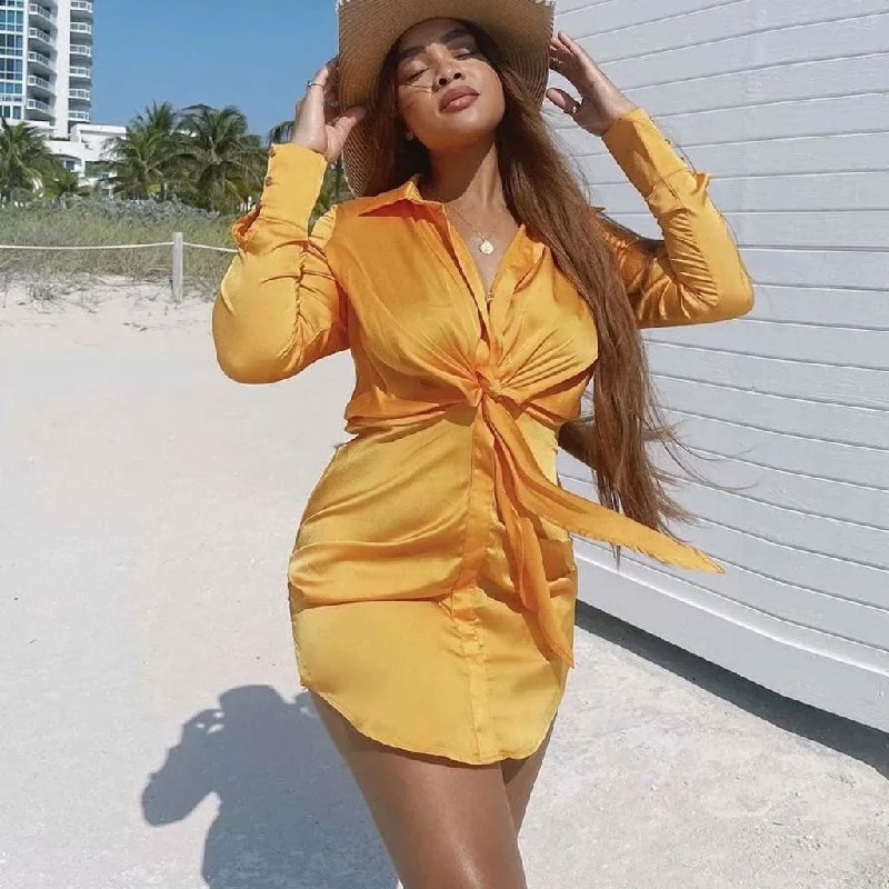 detachable sleeve mini dressesV Neck Knotted Long Sleeve Satin Shirt Mini Dress - Gold detachable sleeve mini dressesV Neck Knotted Long Sleeve Satin Shirt Mini Dress - Gold