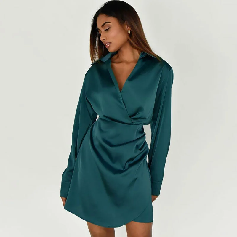 vintage style mini dressesV Neck Long Sleeve Shirt Mini Dress - Teal Green