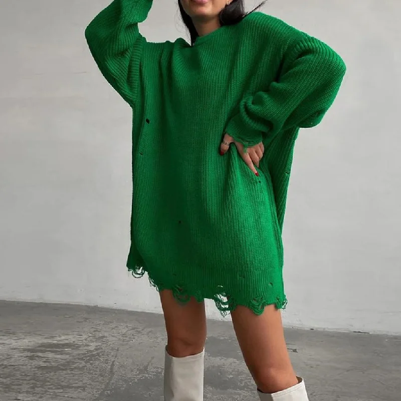 retro 90s mini dressesDistressed Trim Pullover Sweater Mini Dress - Emerald Green